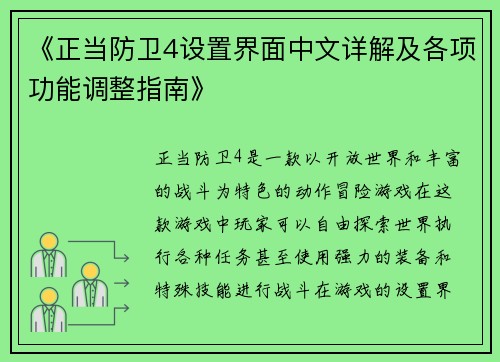 《正当防卫4设置界面中文详解及各项功能调整指南》 《正当防卫4设置界面中文详解及各项功能调整指南》